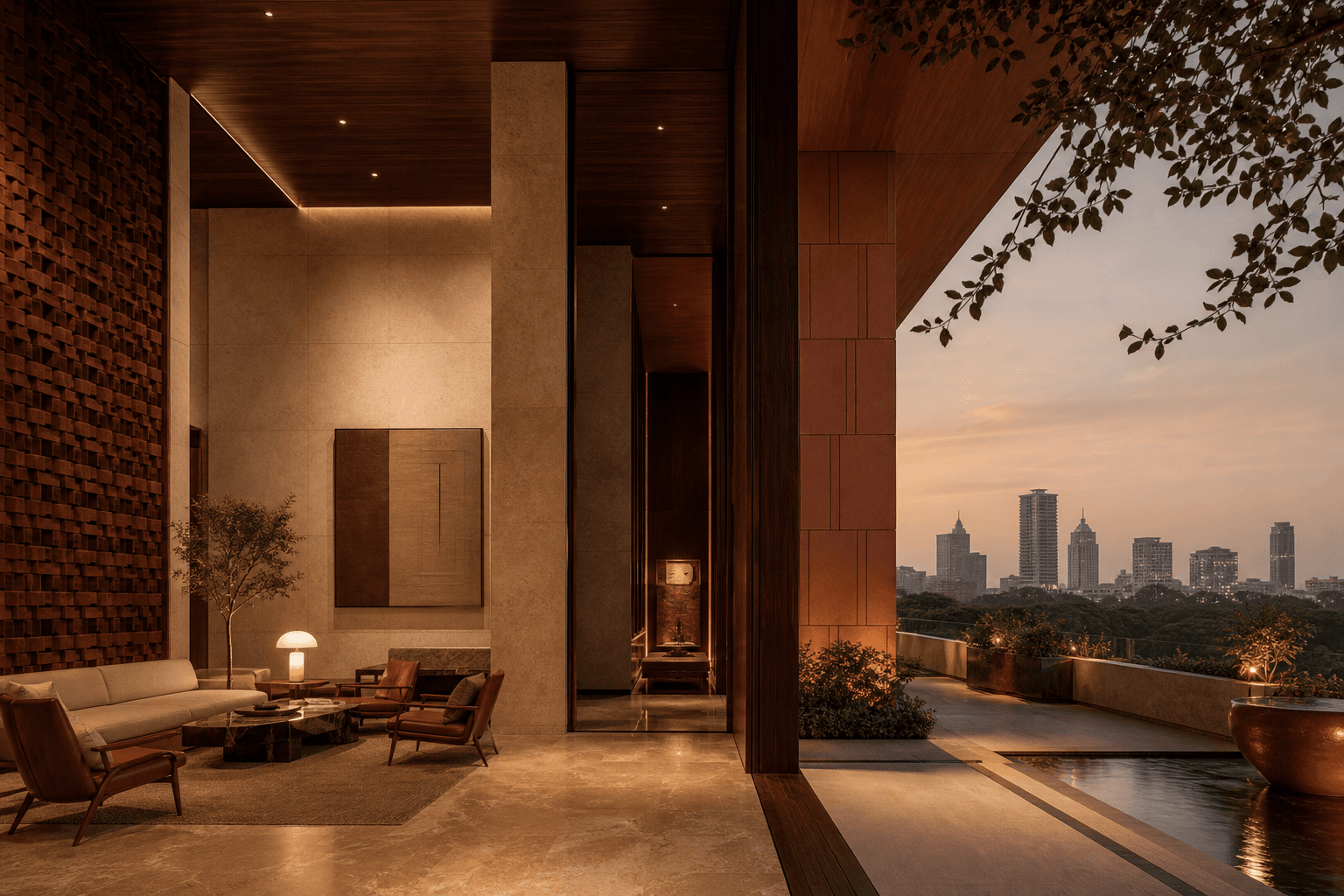 Luxury Bengaluru residence terrace at dusk